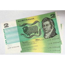 AUSTRALIA 1985 . TWO 2 DOLLAR BANKNOTES . JOHNSTON/FRASER . CONSECUTIVE FOUR